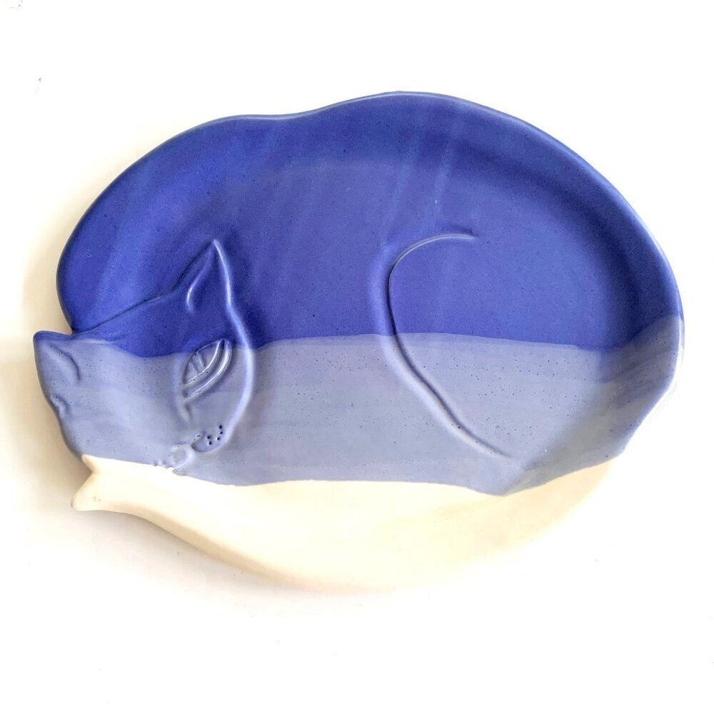 Signed Blue Pottery Cat Serving Plate Home Decor 11.25” by 9”